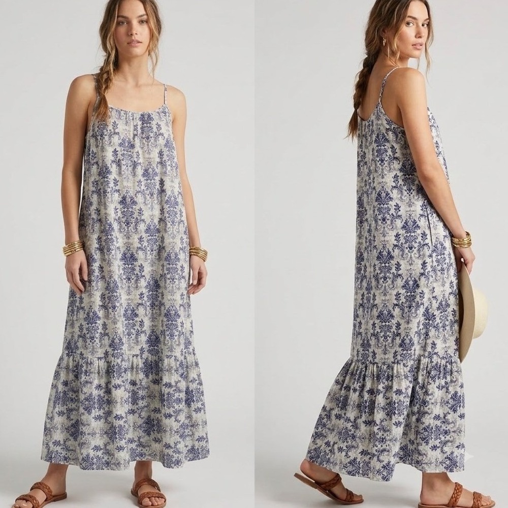 Dokotoo Boho Blue White Damask Paisley Spaghetti Strap Tiered Maxi Dress XL NWT